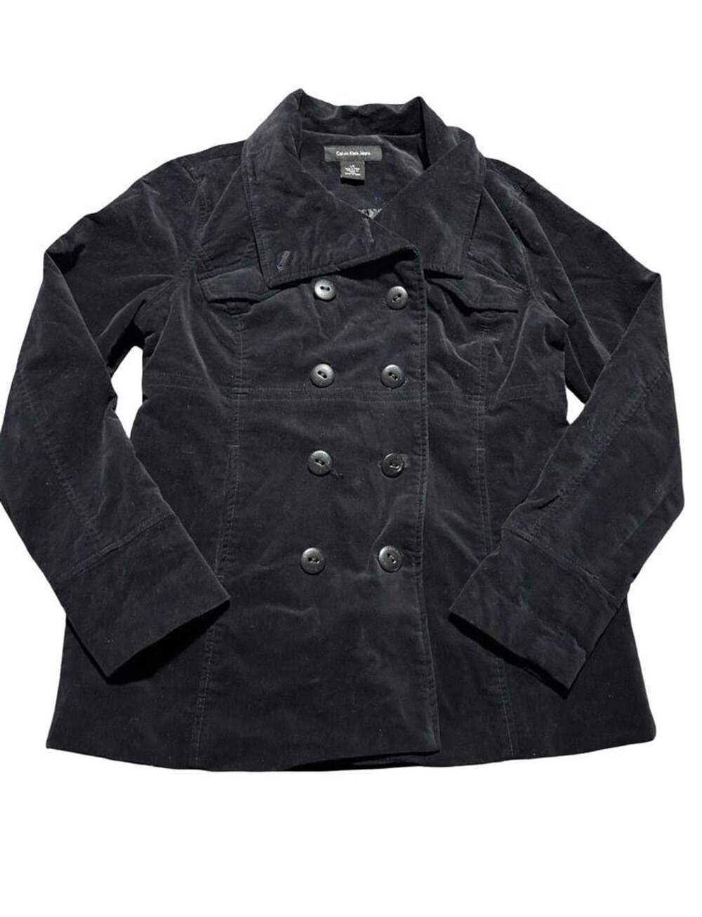 Calvin Klein Jeans Women's Large Black Velvet Double Breasted Peacoat Jacket